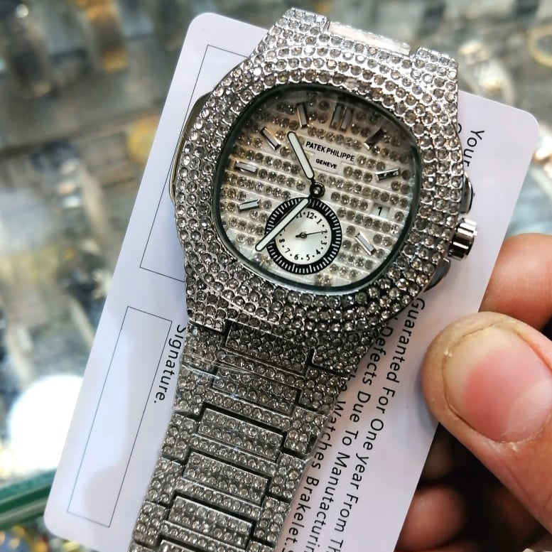 NEW SUPER LUXURY PHATEK PHILLPE STYLE FULL ICED OUT WATCH – DATE & SECOND WORKING WITH BUTTERFLY LOCK