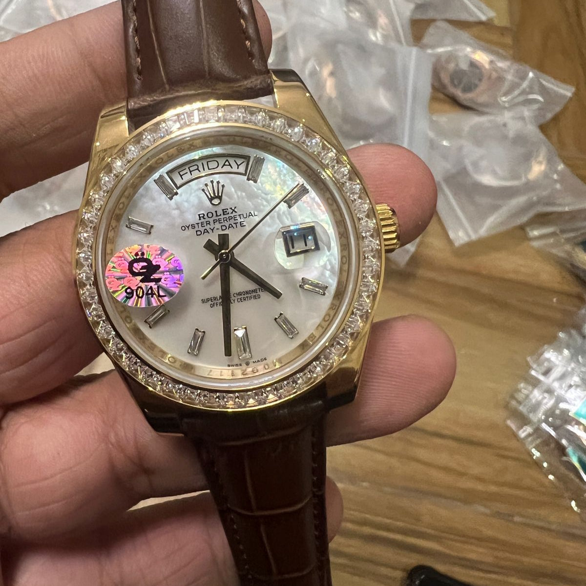 Rolex Men's Automatic Watch Day-Date Diamond Bezel-Leather Strap