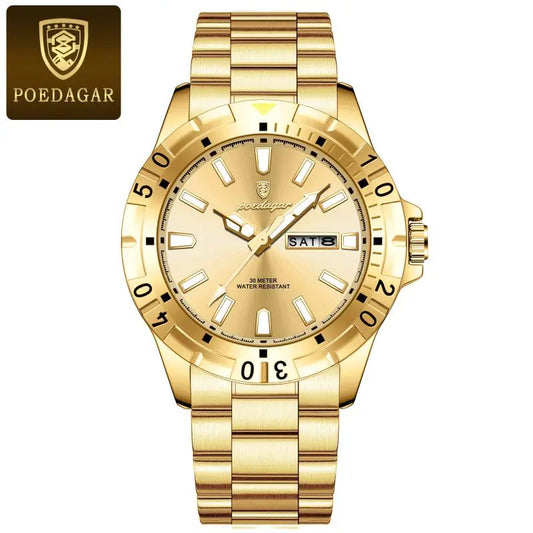 POEDAGAR Premium Men's Watch-Stainless Steel Chain Brass Case Date & Day Working