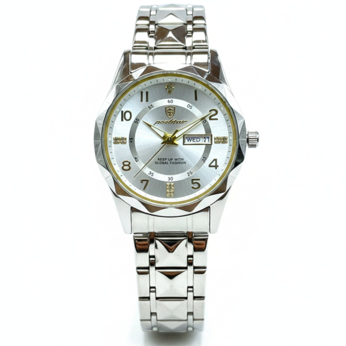 POEDAGAR Original Men's Watch Quartz Movement Date & Day Working Metal Strap Butterfly Lock