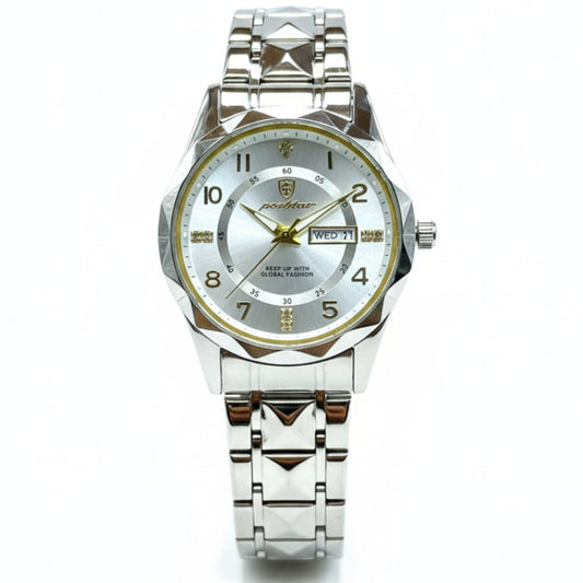 POEDAGAR Original Men's Watch Quartz Movement Date & Day Working Metal Strap Butterfly Lock