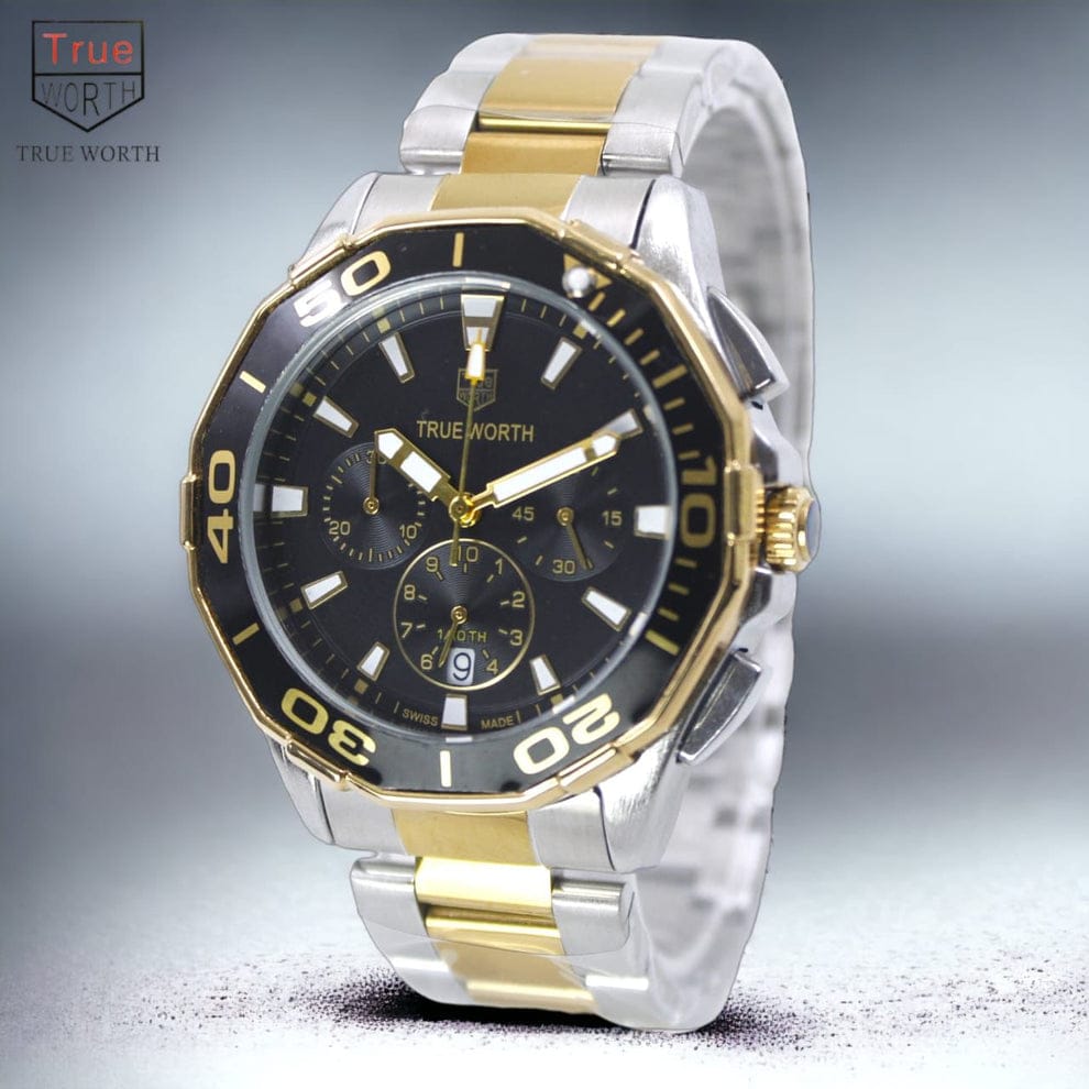 TRUE WORTH BRANDED CHRONOGRAPH MEN'S WATCH - ORIGINAL GOLDEN SILVER TIMEPIECE