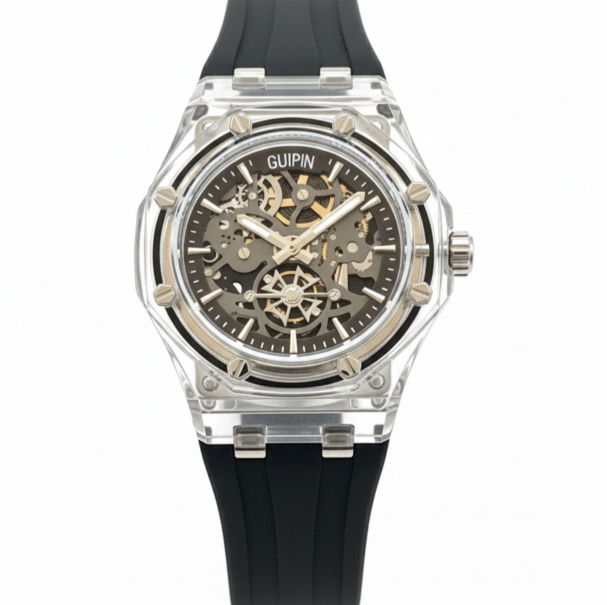 Guipin Original Semi Auto Skeleton Dial Men's Watch Rubber Strap