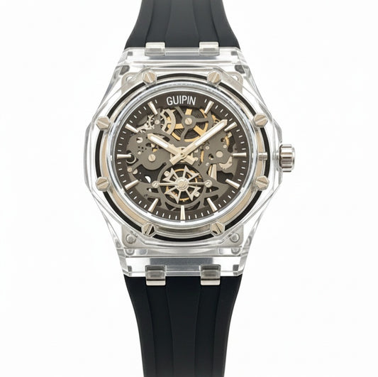 Guipin Original Semi Auto Skeleton Dial Men's Watch Rubber Strap