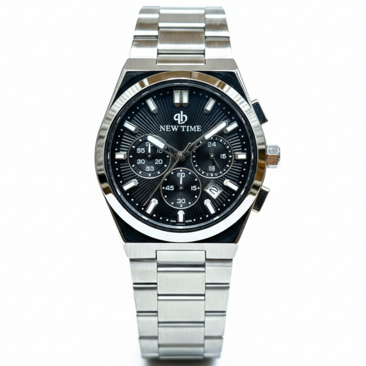 NEW TIME (Original) Men’s Watch Stainless Steel Quartz Movement Chronograph Date Working Butterfly Master Lock