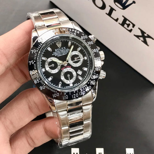 ROLEX MENS DAYTONA WATCH WITH ROTATING BEZEL, QUARTZ MOVEMENT, STAINLESS STEEL CHAIN & DATE FUNCTION – PREMIUM HEAVYWEIGHT TIMEPIECE