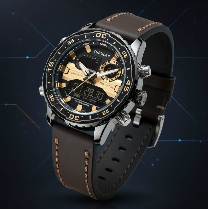 Tubular Original Men's Watch-Quartz Movement Leather Strap Rotatable Bezel Light Function Analogue + Digital Working