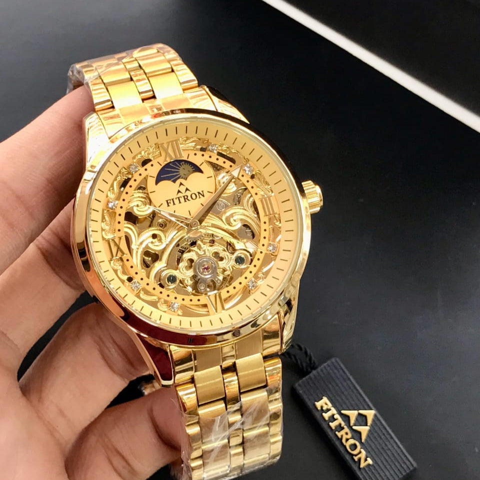 FITRON ORIGINAL MEN'S WATCH – SKELETON MODEL, AUTOMATIC MOVEMENT, MOONPHASE, STAINLESS STEEL,