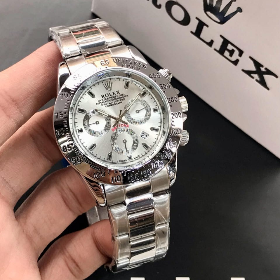 ROLEX MENS DAYTONA WATCH WITH ROTATING BEZEL, QUARTZ MOVEMENT, STAINLESS STEEL CHAIN & DATE FUNCTION – PREMIUM HEAVYWEIGHT TIMEPIECE