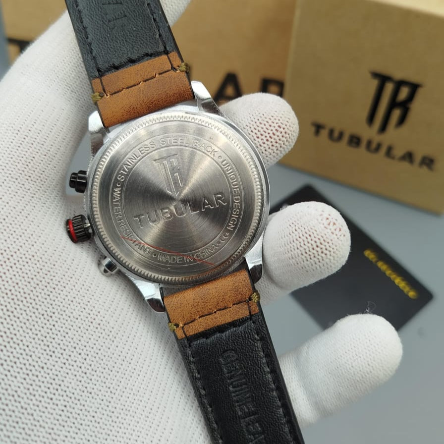 TUBULAR ORIGINAL MAN'S WATCH – FULLY FUNCTIONAL DIALS, LEATHER STRAP, PREMIUM QUALITY WITH BRAND BOX & ACCESSORIES