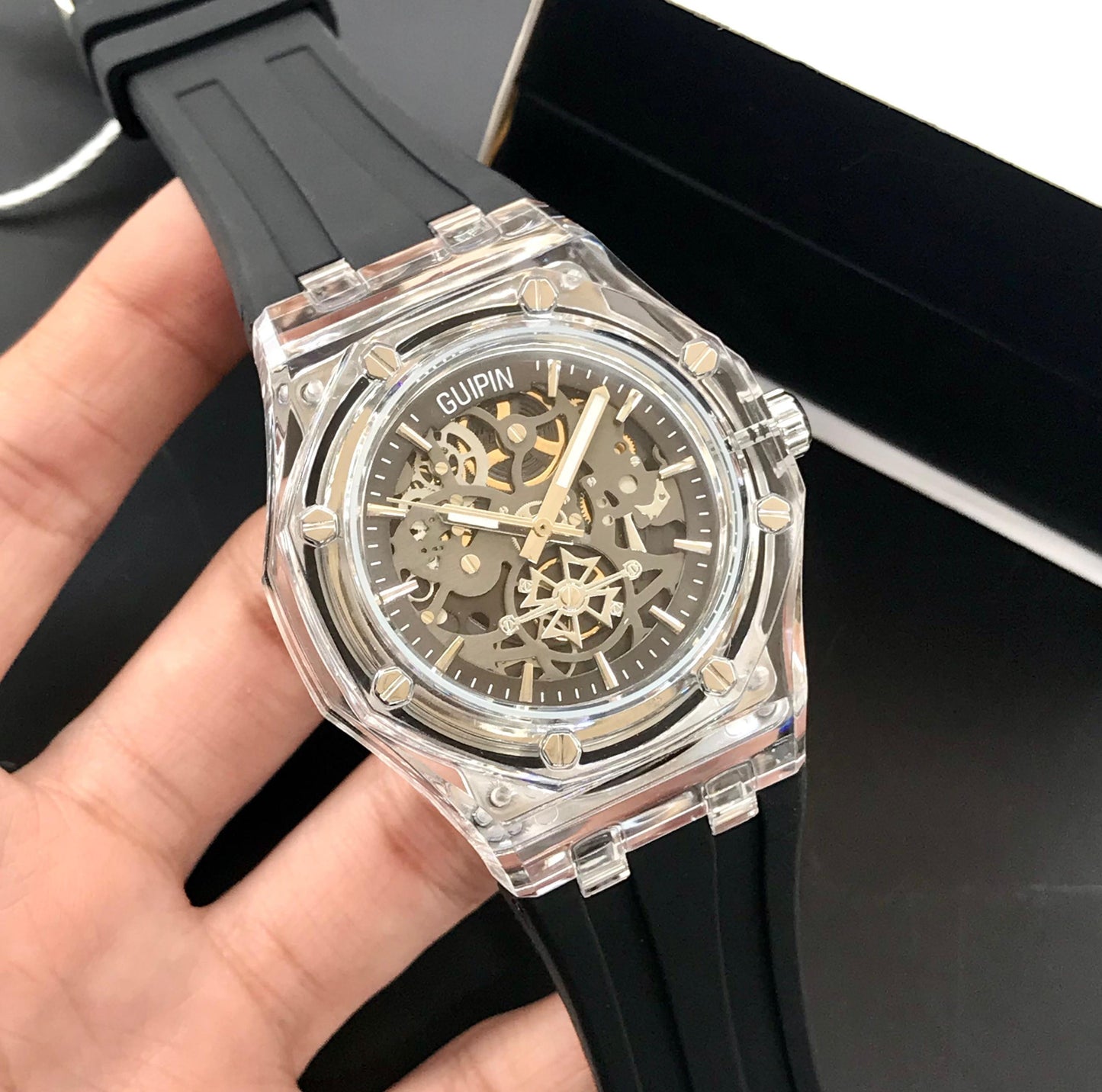 Guipin Original Semi Auto Skeleton Dial Men's Watch Rubber Strap