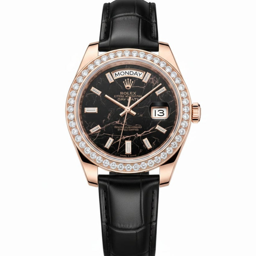 Rolex Men's Automatic Watch Day-Date Diamond Bezel-Leather Strap