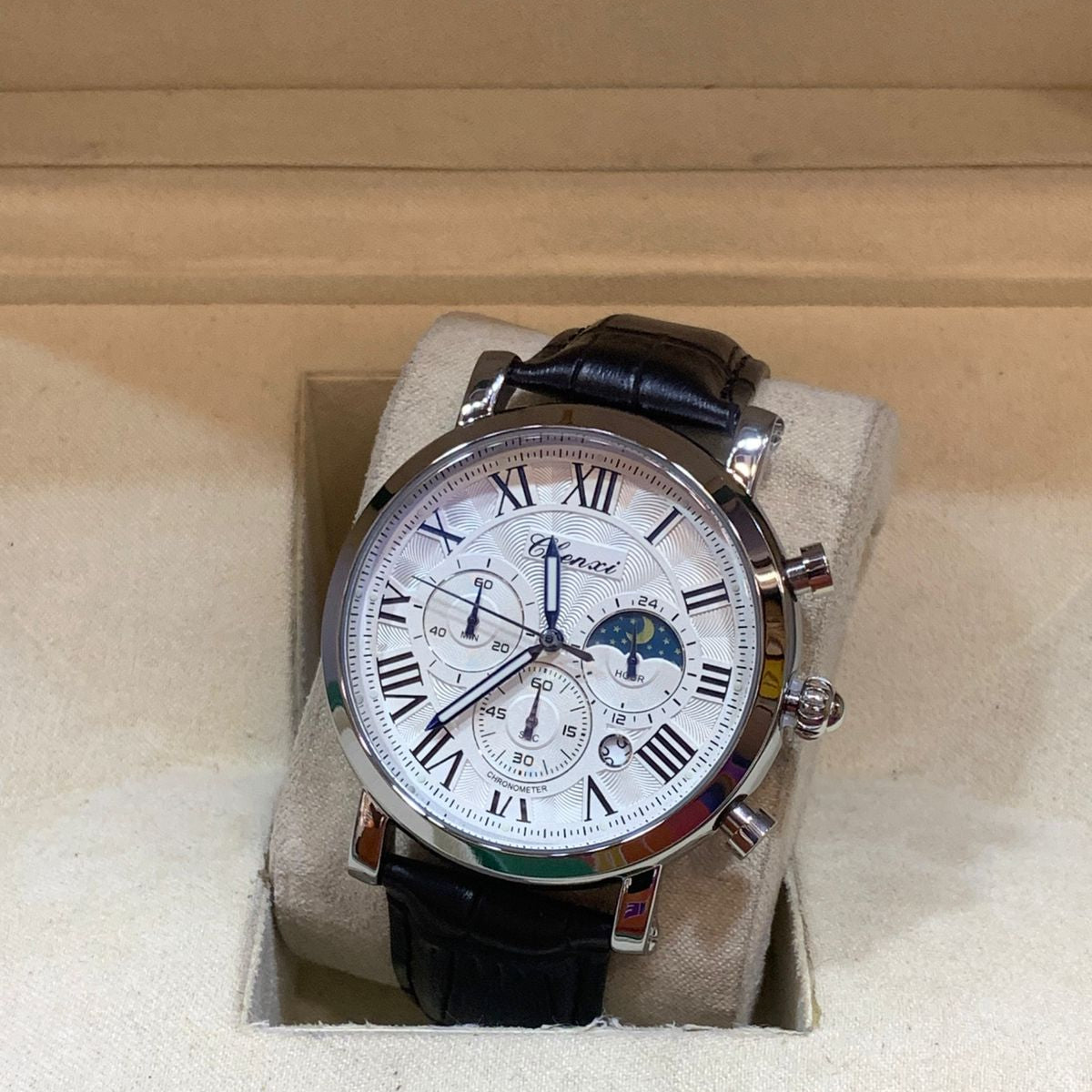 CHENXI Original Men's Watch-Quartz Movement Leather Strap Buckle Lock Chronograph Working