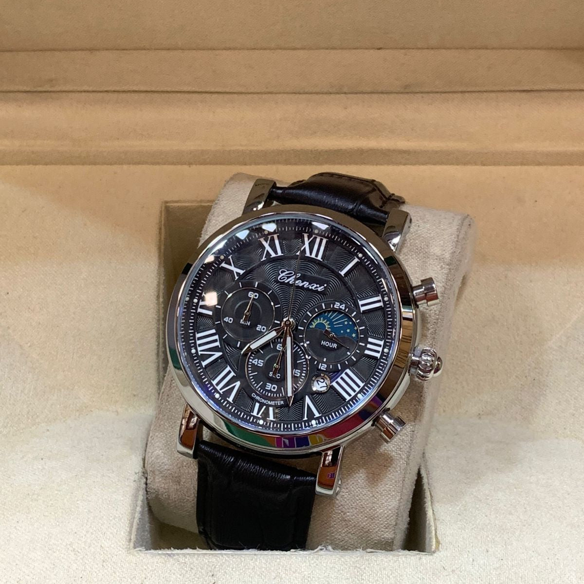 CHENXI Original Men's Watch-Quartz Movement Leather Strap Buckle Lock Chronograph Working