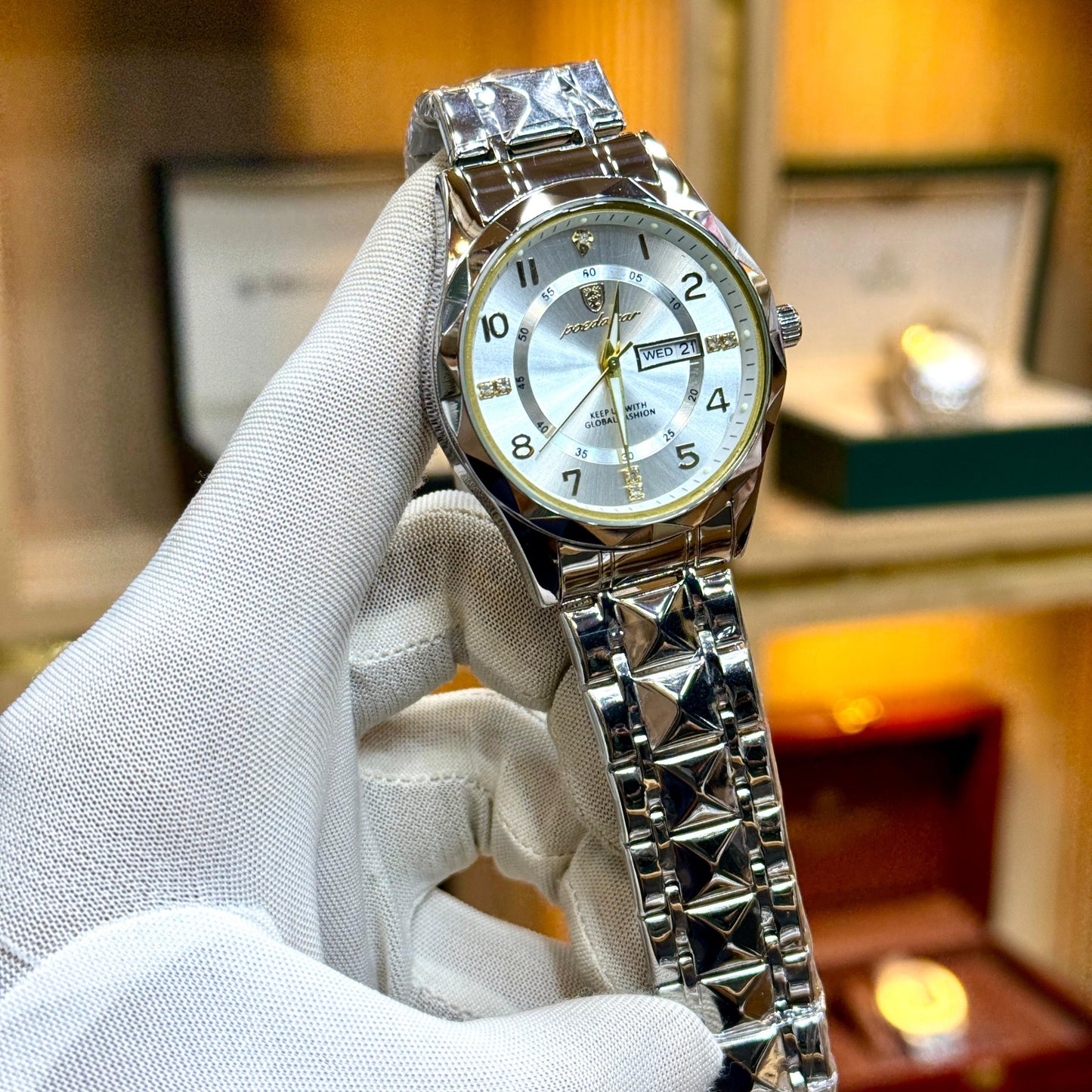 POEDAGAR Original Men's Watch Quartz Movement Date & Day Working Metal Strap Butterfly Lock