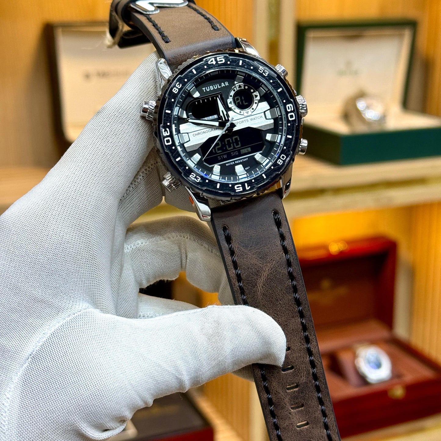 Tubular Original Men's Watch-Quartz Movement Leather Strap Rotatable Bezel Light Function Analogue + Digital Working