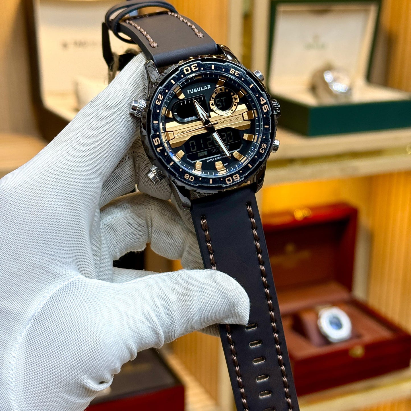 Tubular Original Men's Watch-Quartz Movement Leather Strap Rotatable Bezel Light Function Analogue + Digital Working