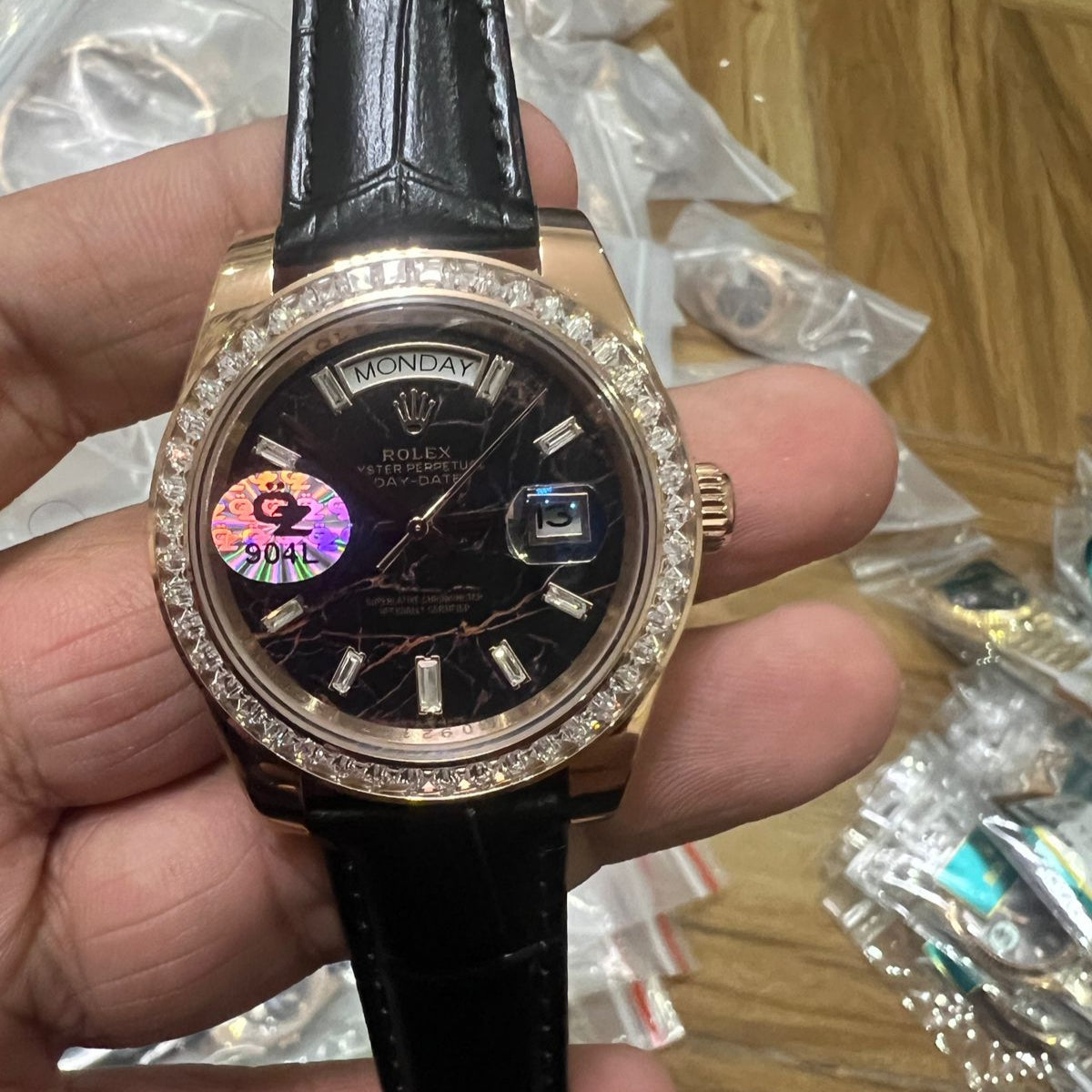 Rolex Men's Automatic Watch Day-Date Diamond Bezel-Leather Strap