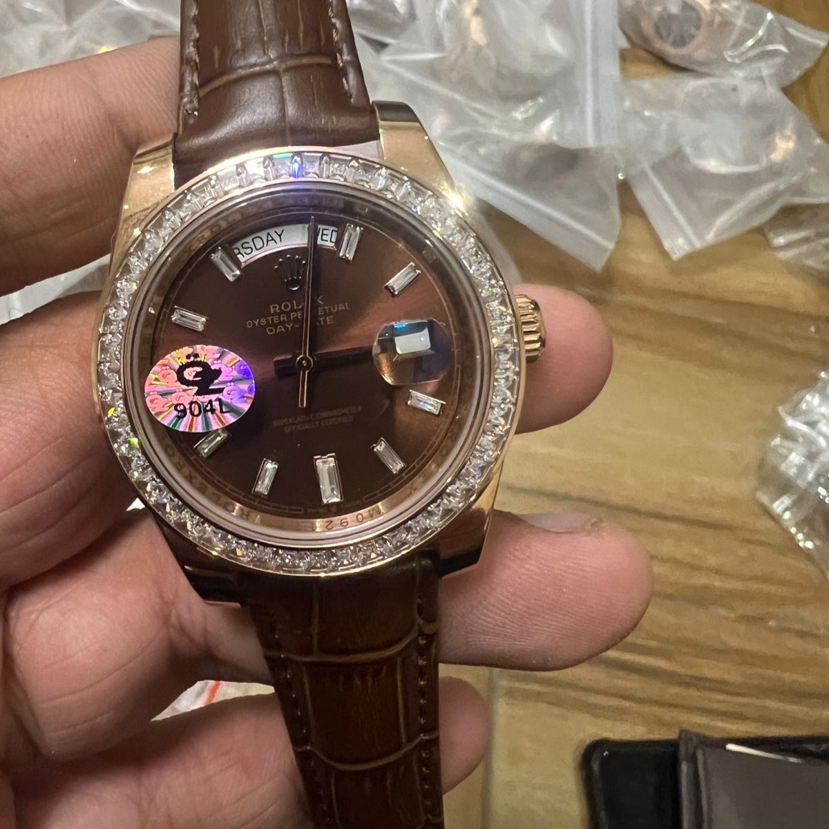 Rolex Men's Automatic Watch Day-Date Diamond Bezel-Leather Strap