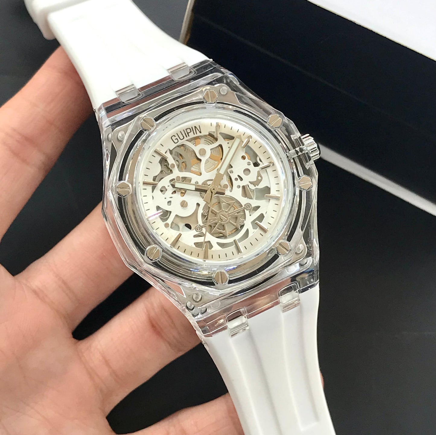 Guipin Original Semi Auto Skeleton Dial Men's Watch Rubber Strap