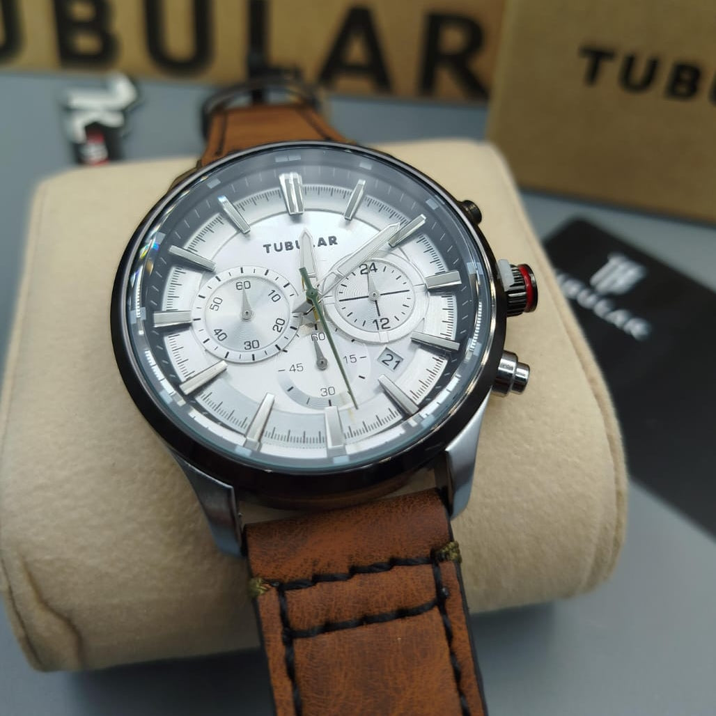 TUBULAR ORIGINAL MAN'S WATCH – FULLY FUNCTIONAL DIALS, LEATHER STRAP, PREMIUM QUALITY WITH BRAND BOX & ACCESSORIES