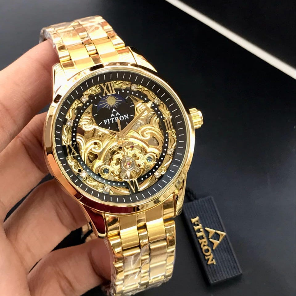 FITRON ORIGINAL MEN'S WATCH – SKELETON MODEL, AUTOMATIC MOVEMENT, MOONPHASE, STAINLESS STEEL,