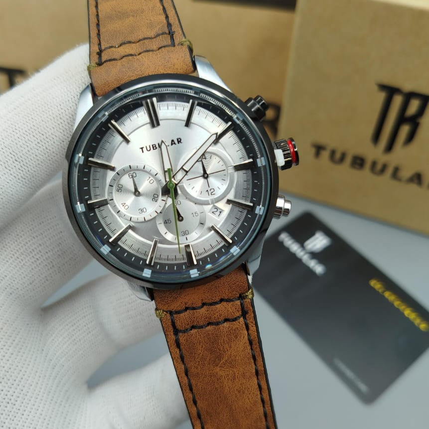 TUBULAR ORIGINAL MAN'S WATCH – FULLY FUNCTIONAL DIALS, LEATHER STRAP, PREMIUM QUALITY WITH BRAND BOX & ACCESSORIES