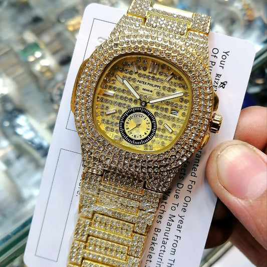 NEW SUPER LUXURY PHATEK PHILLPE STYLE FULL ICED OUT WATCH – DATE & SECOND WORKING WITH BUTTERFLY LOCK