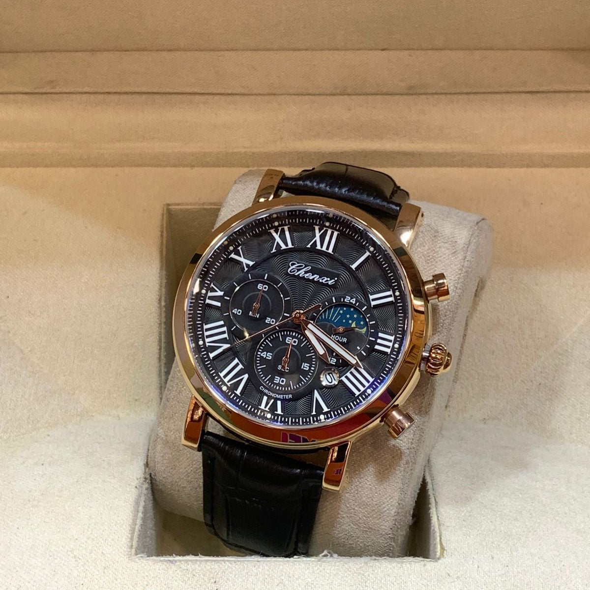 CHENXI Original Men's Watch-Quartz Movement Leather Strap Buckle Lock Chronograph Working