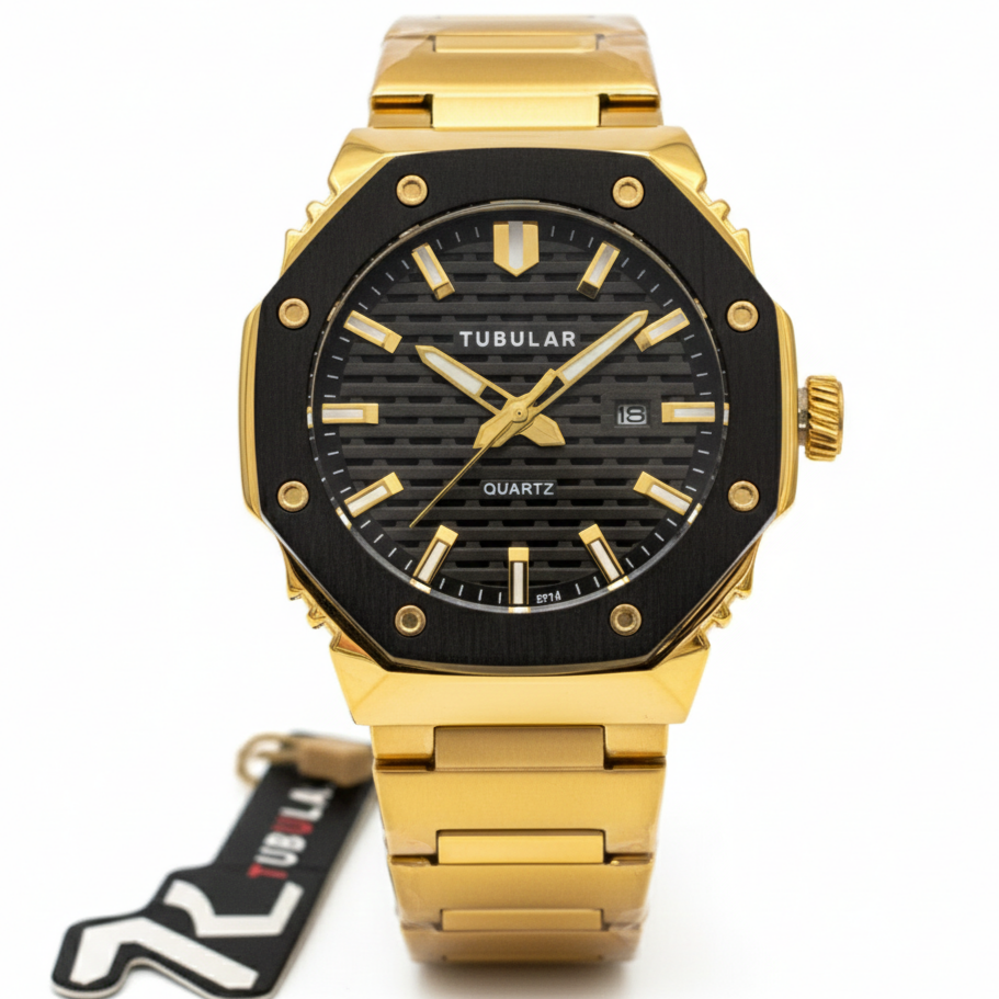 Tubular Premium Quartz Movement-Men's Watch Date Working Stainless Steel Chain Buckle Lock