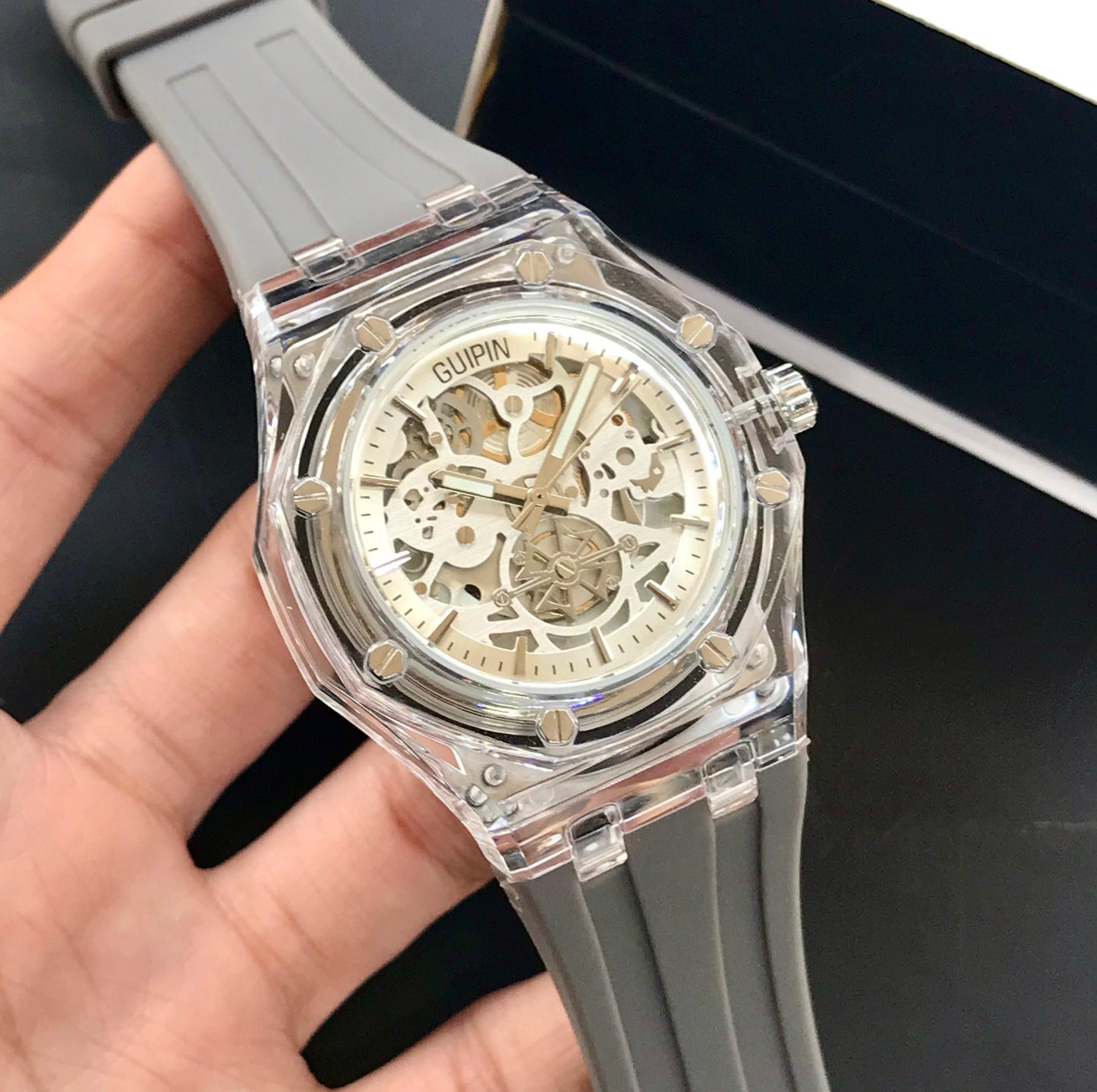 Guipin Original Semi Auto Skeleton Dial Men's Watch Rubber Strap