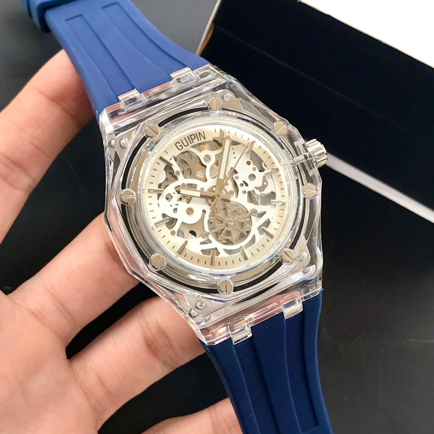 Guipin Original Semi Auto Skeleton Dial Men's Watch Rubber Strap