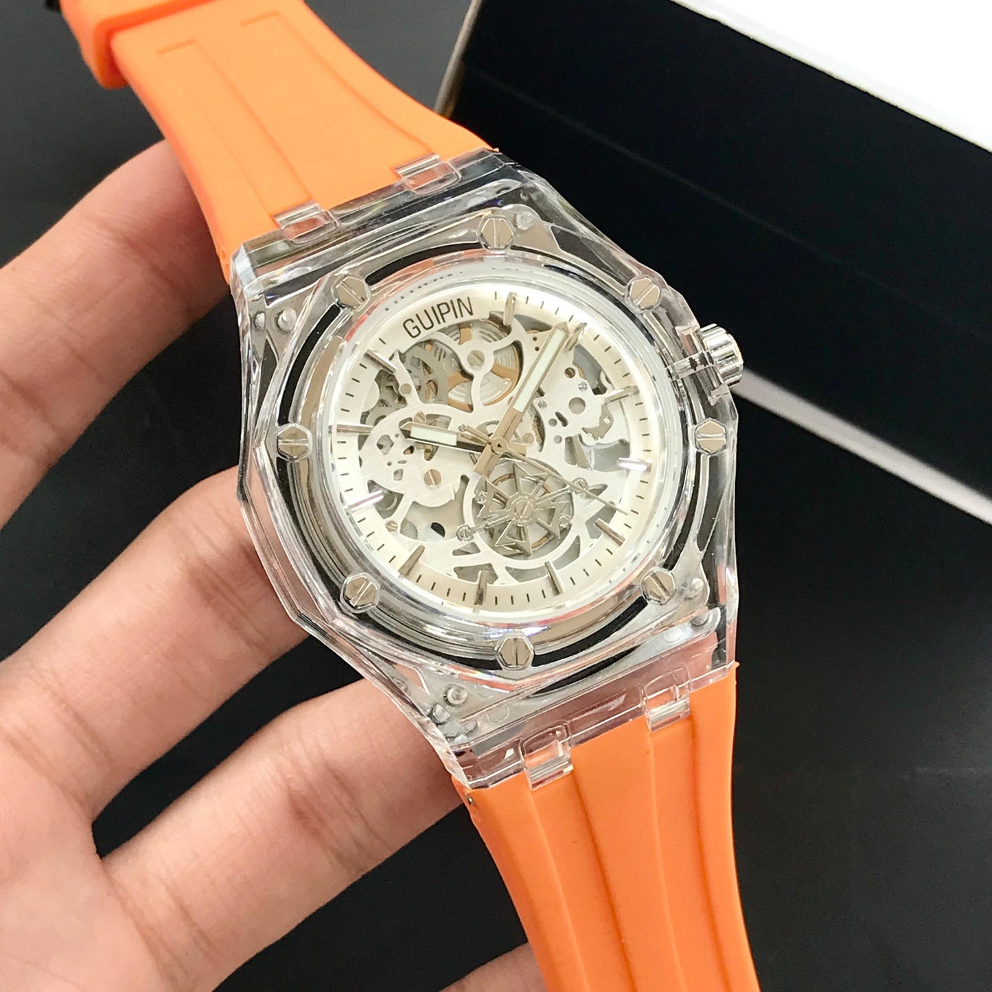 Guipin Original Semi Auto Skeleton Dial Men's Watch Rubber Strap