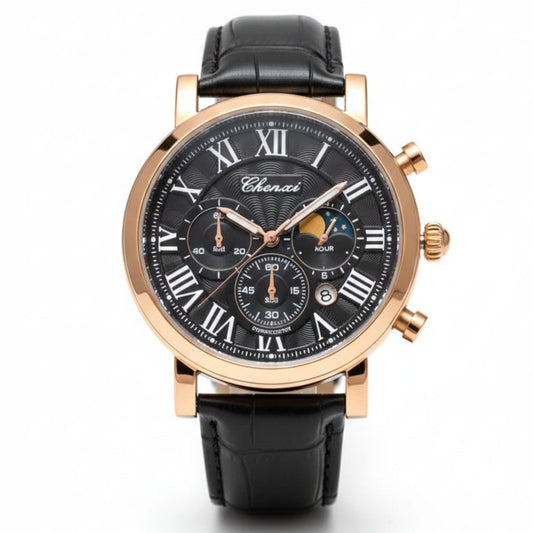 CHENXI Original Men's Watch-Quartz Movement Leather Strap Buckle Lock Chronograph Working