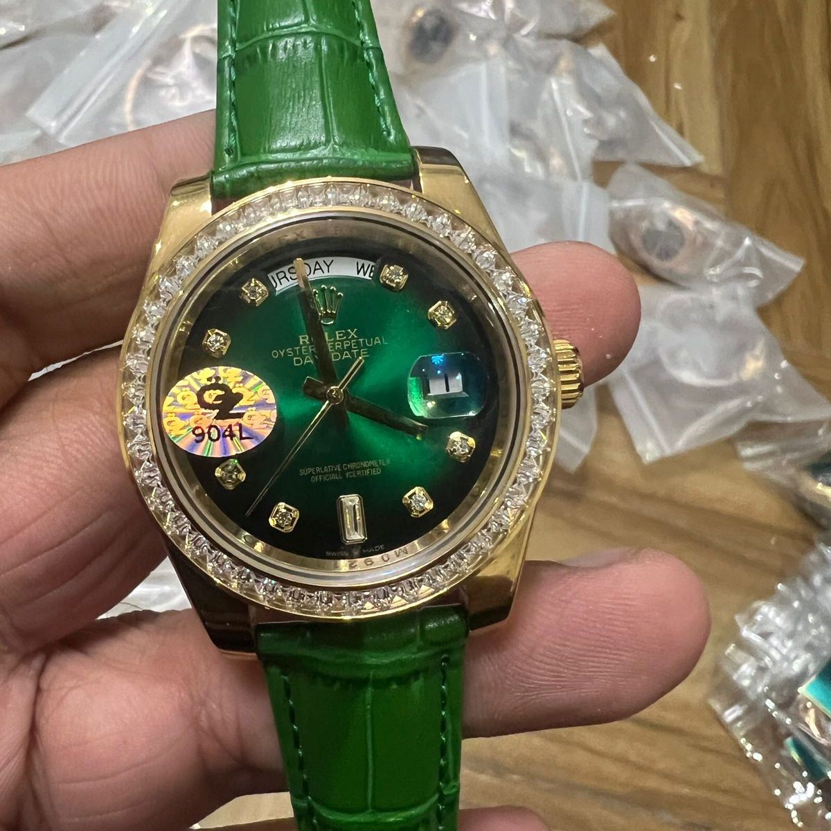 Rolex Men's Automatic Watch Day-Date Diamond Bezel-Leather Strap