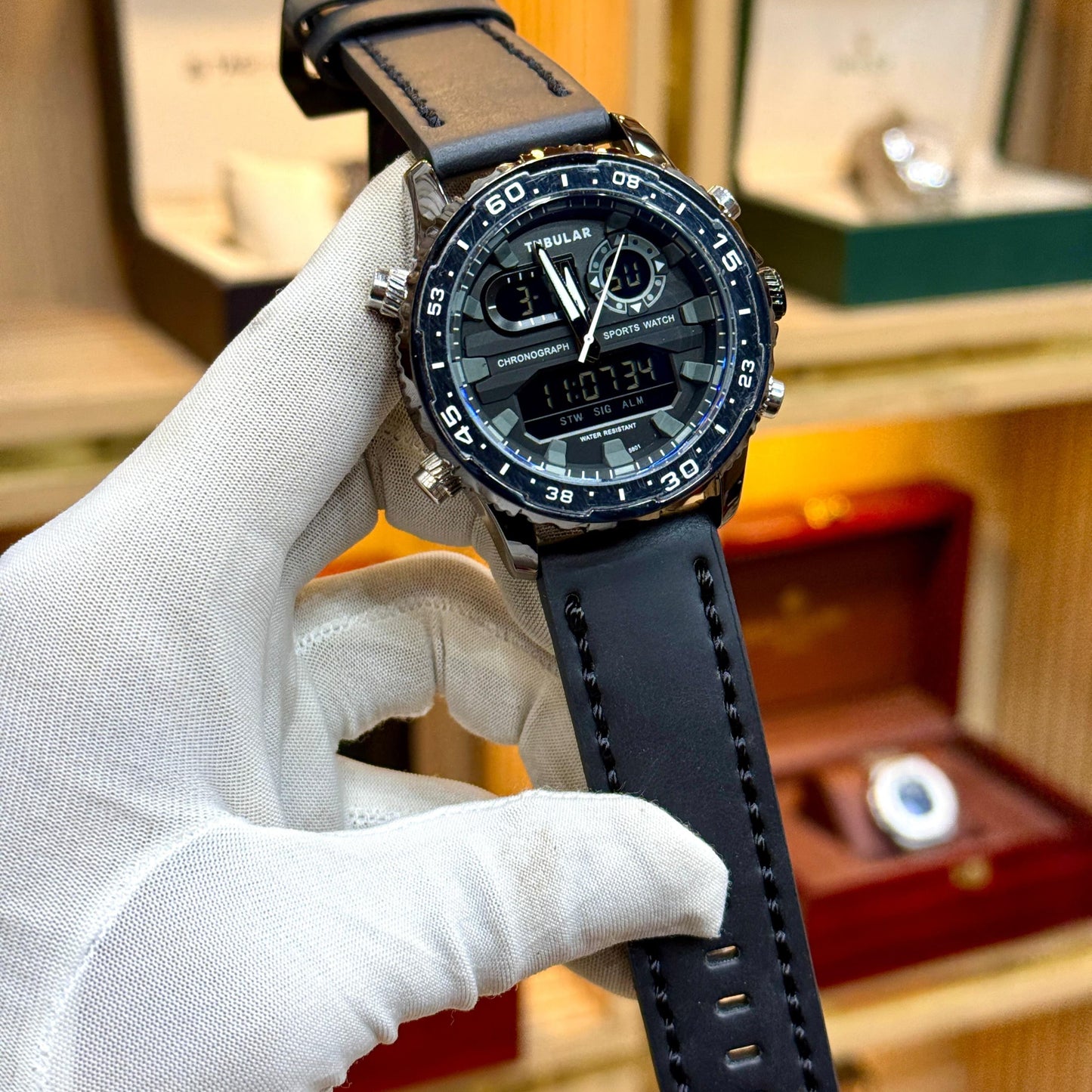 Tubular Original Men's Watch-Quartz Movement Leather Strap Rotatable Bezel Light Function Analogue + Digital Working