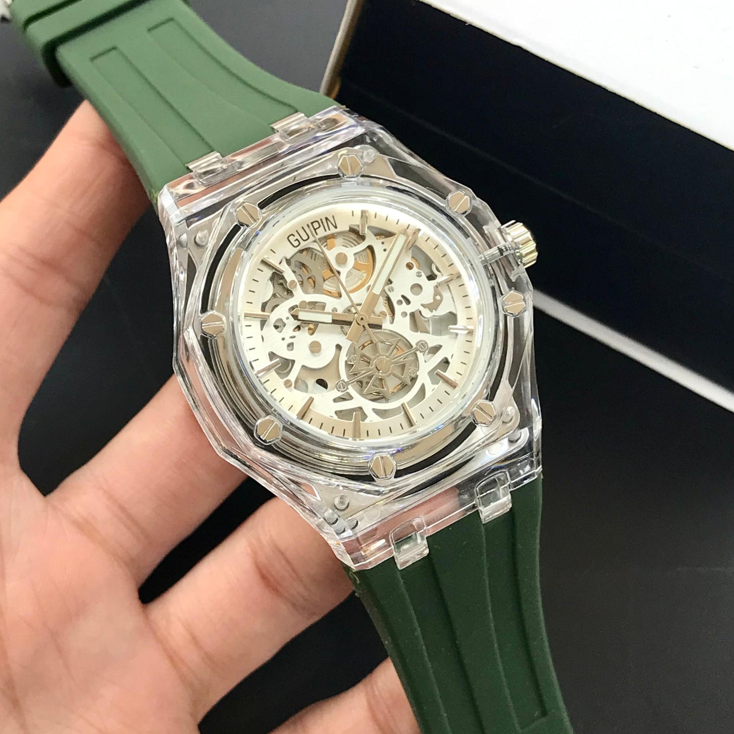 Guipin Original Semi Auto Skeleton Dial Men's Watch Rubber Strap