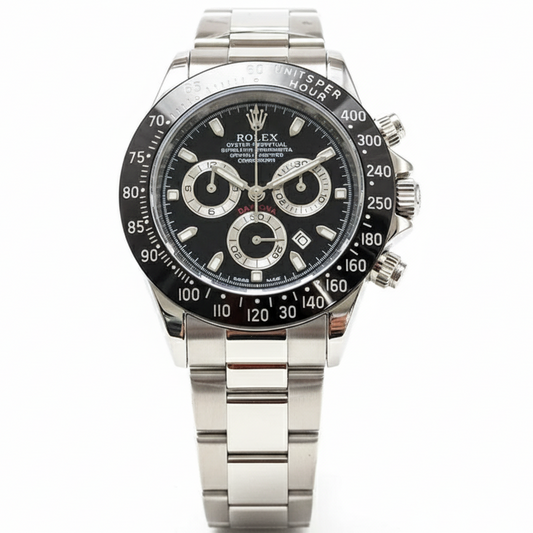 ROLEX MENS DAYTONA WATCH WITH ROTATING BEZEL, QUARTZ MOVEMENT, STAINLESS STEEL CHAIN & DATE FUNCTION – PREMIUM HEAVYWEIGHT TIMEPIECE - Jewelsoftime