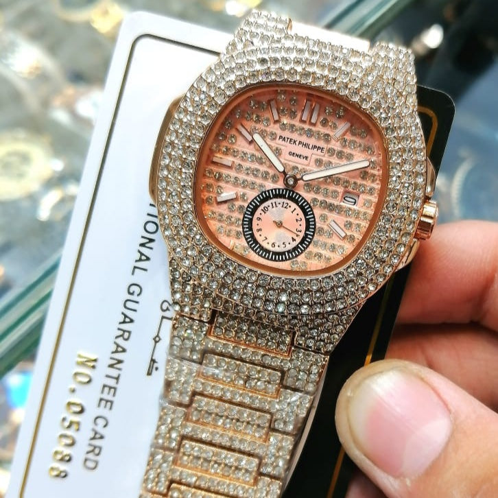 NEW SUPER LUXURY PHATEK PHILLPE STYLE FULL ICED OUT WATCH – DATE & SECOND WORKING WITH BUTTERFLY LOCK