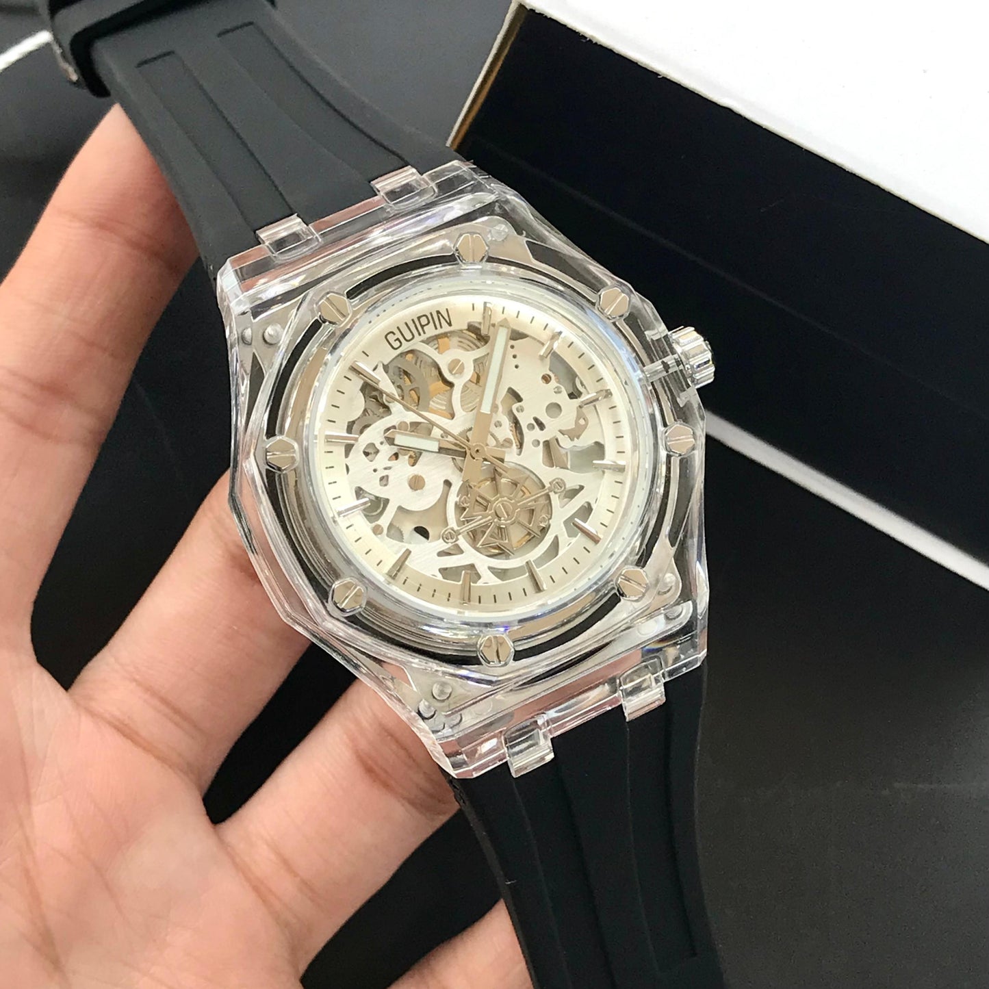 Guipin Original Semi Auto Skeleton Dial Men's Watch Rubber Strap