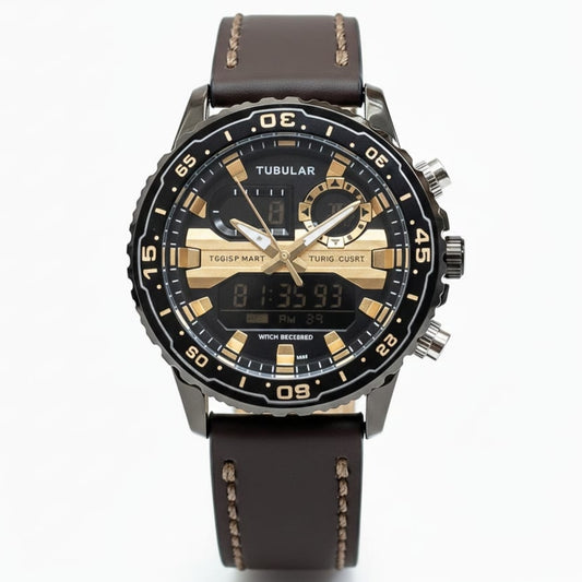 Tubular Original Men's Watch-Quartz Movement Leather Strap Rotatable Bezel Light Function Analogue + Digital Working