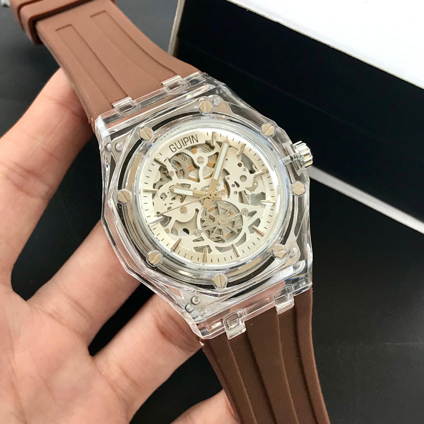 Guipin Original Semi Auto Skeleton Dial Men's Watch Rubber Strap