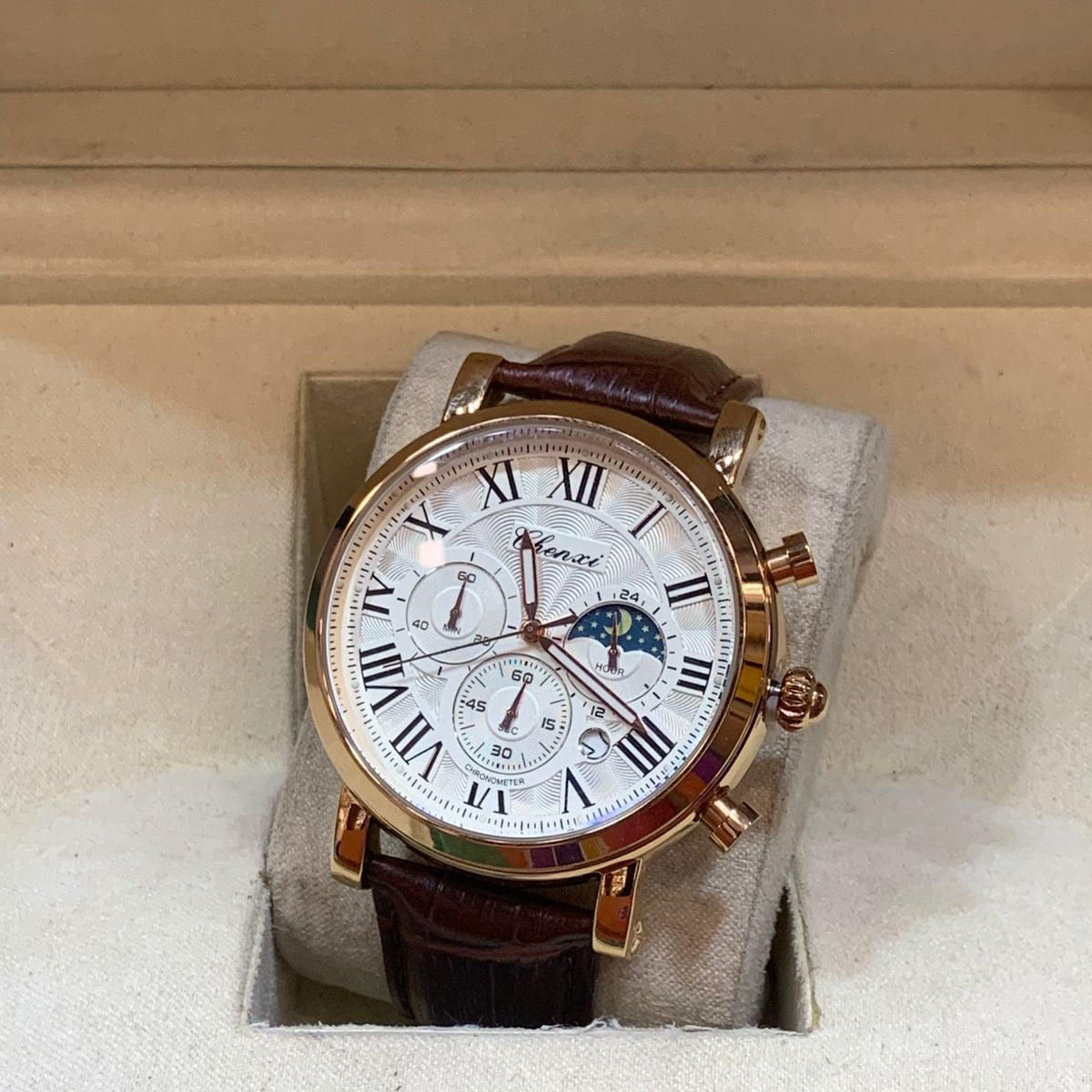 CHENXI Original Men's Watch-Quartz Movement Leather Strap Buckle Lock Chronograph Working