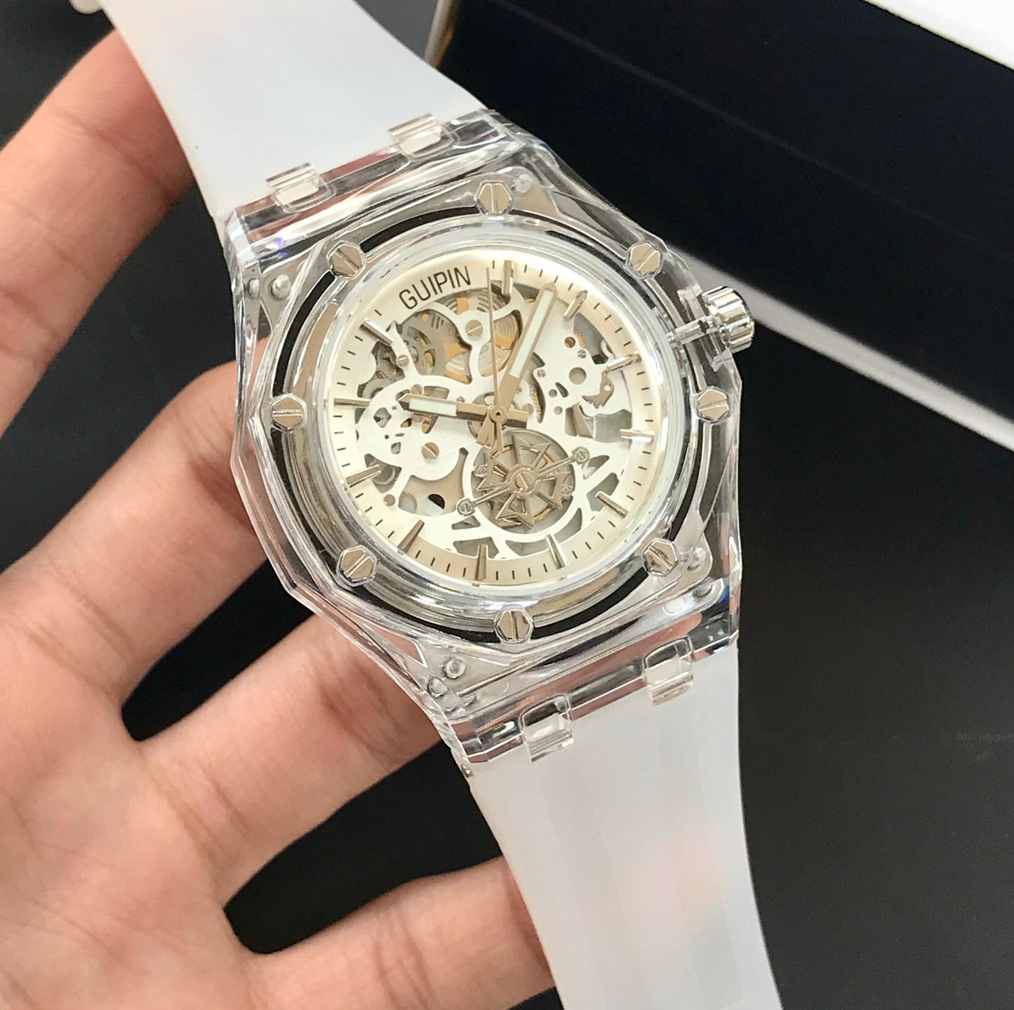 Guipin Original Semi Auto Skeleton Dial Men's Watch Rubber Strap